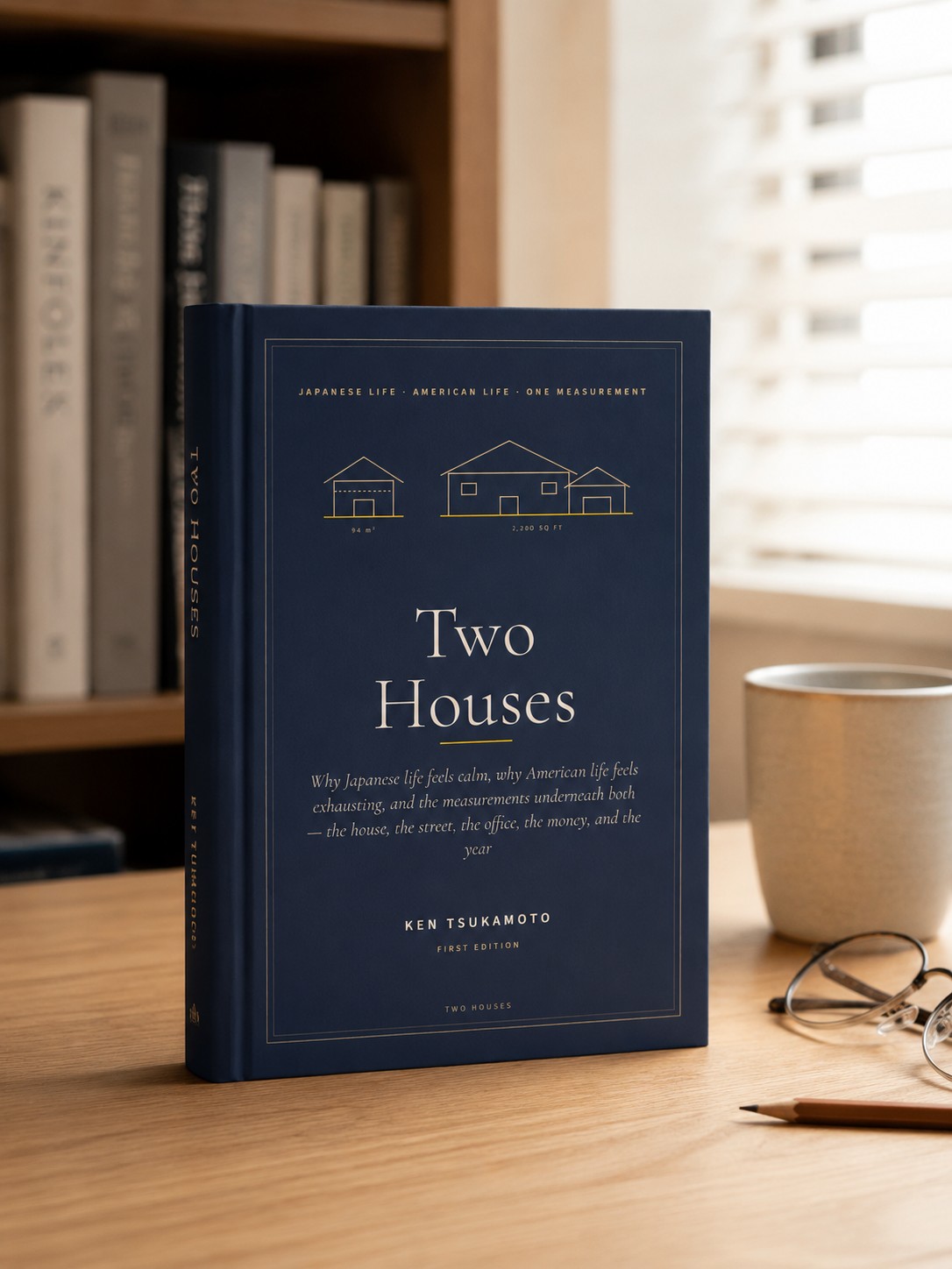 Two Houses, a navy hardcover, standing on a desk beside a cup and reading glasses