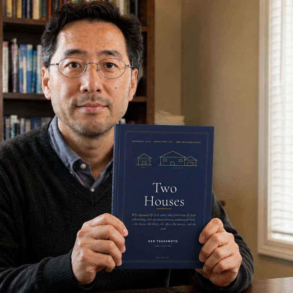 Ken Tsukamoto holding the book Two Houses with both hands