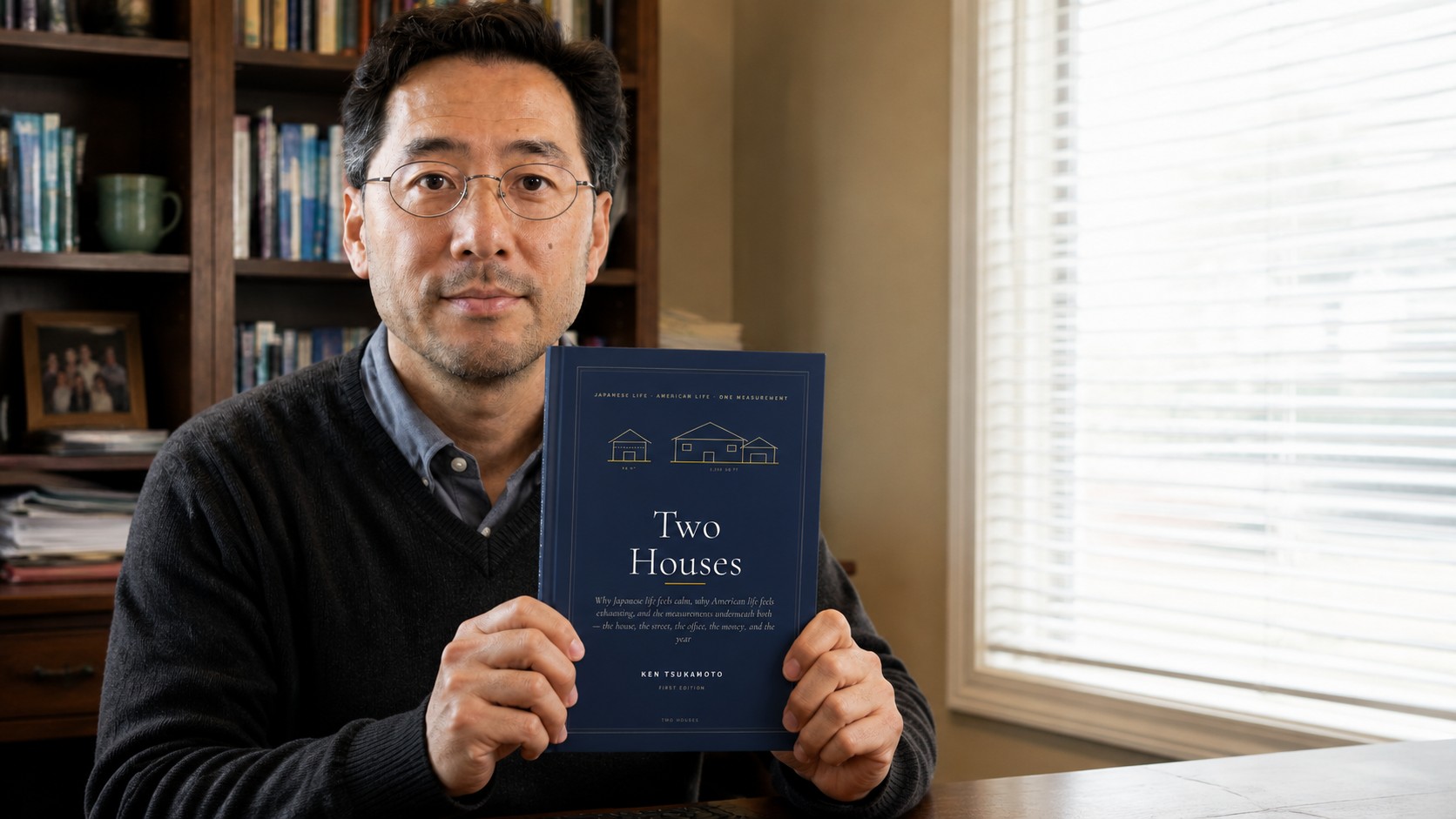 Ken Tsukamoto holding the book Two Houses with both hands